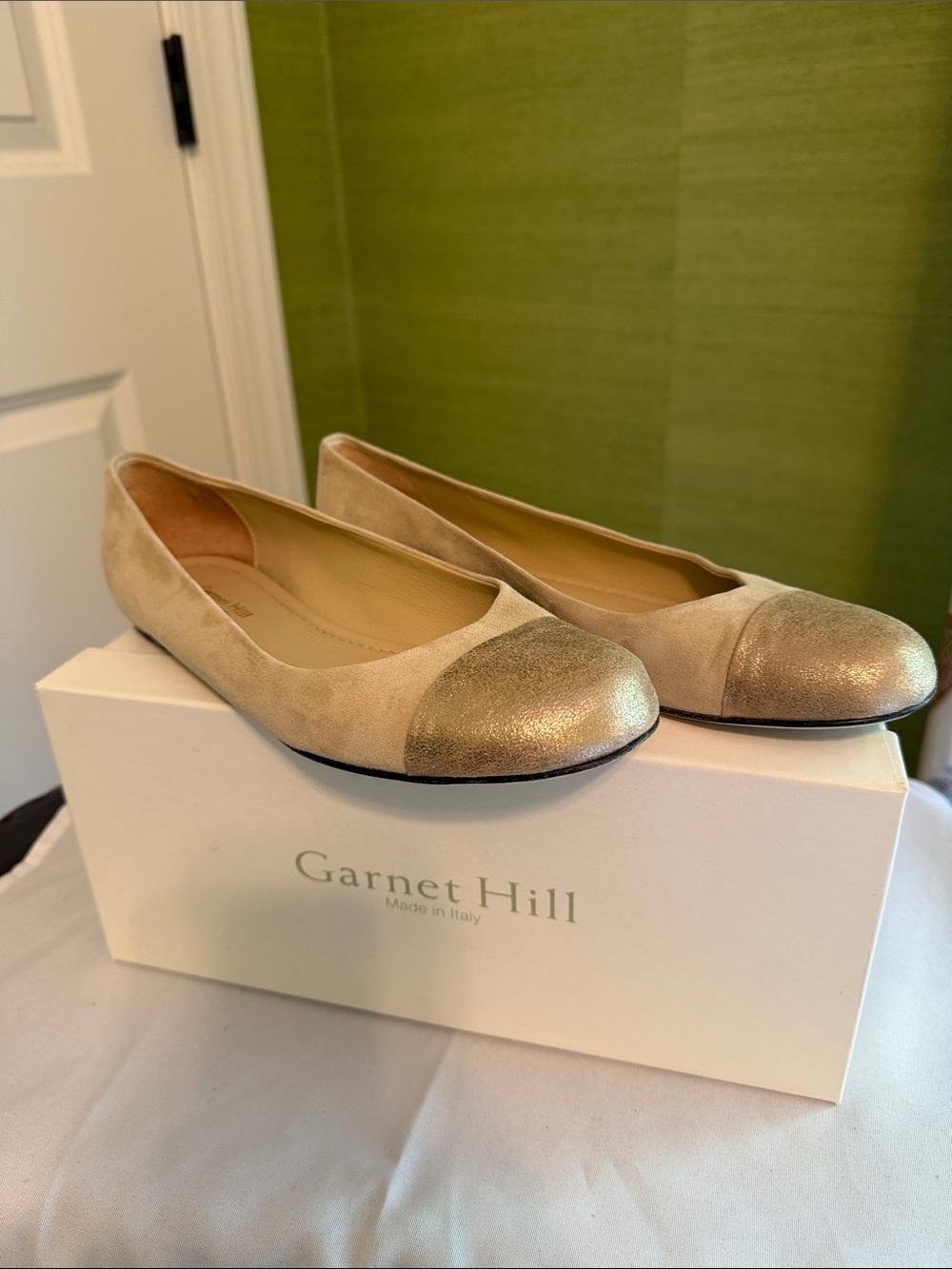 Garnet Hill Champagne Suede Ballet Flats with Metallic Cap-Toe